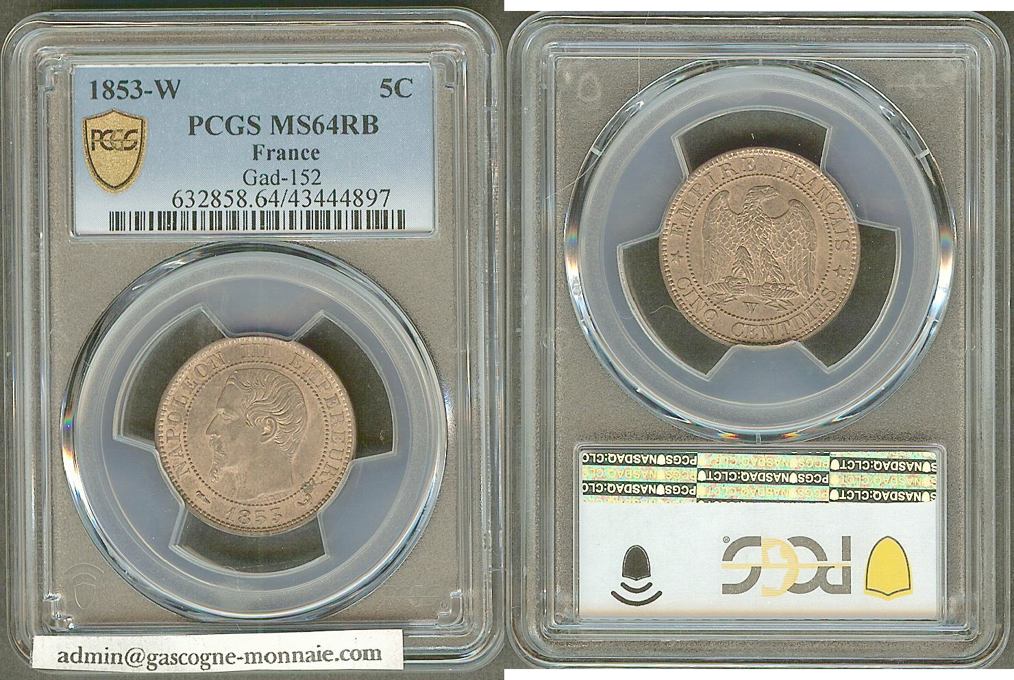 Cinq centimes Napoléon III, tête nue 1853 Lille FDC+